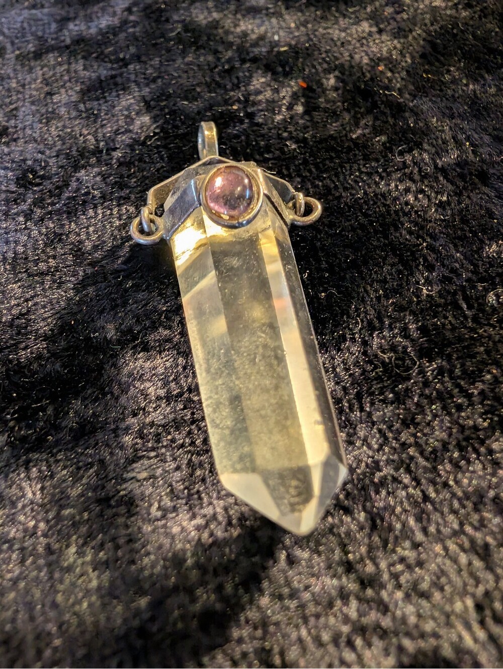 Vintage Clear Crystal Pendant with Amethyst Accent in Silver Tone Setting